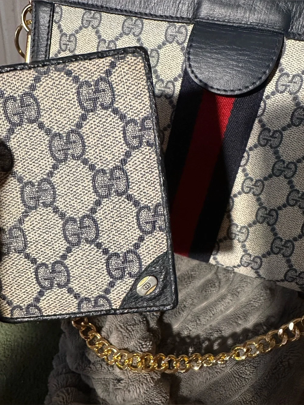 Gucci Navy GG converted Canvas Leather Clutch Bag with Web Stripe & Card Holder